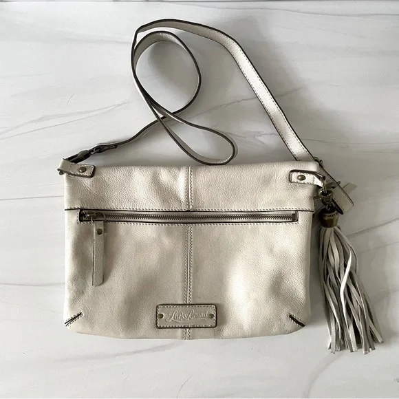 Lucky Brand Real Leather Foldover Option Shoulder Crossbody Bag- Fringe- Ivory - Picture 1 of 10